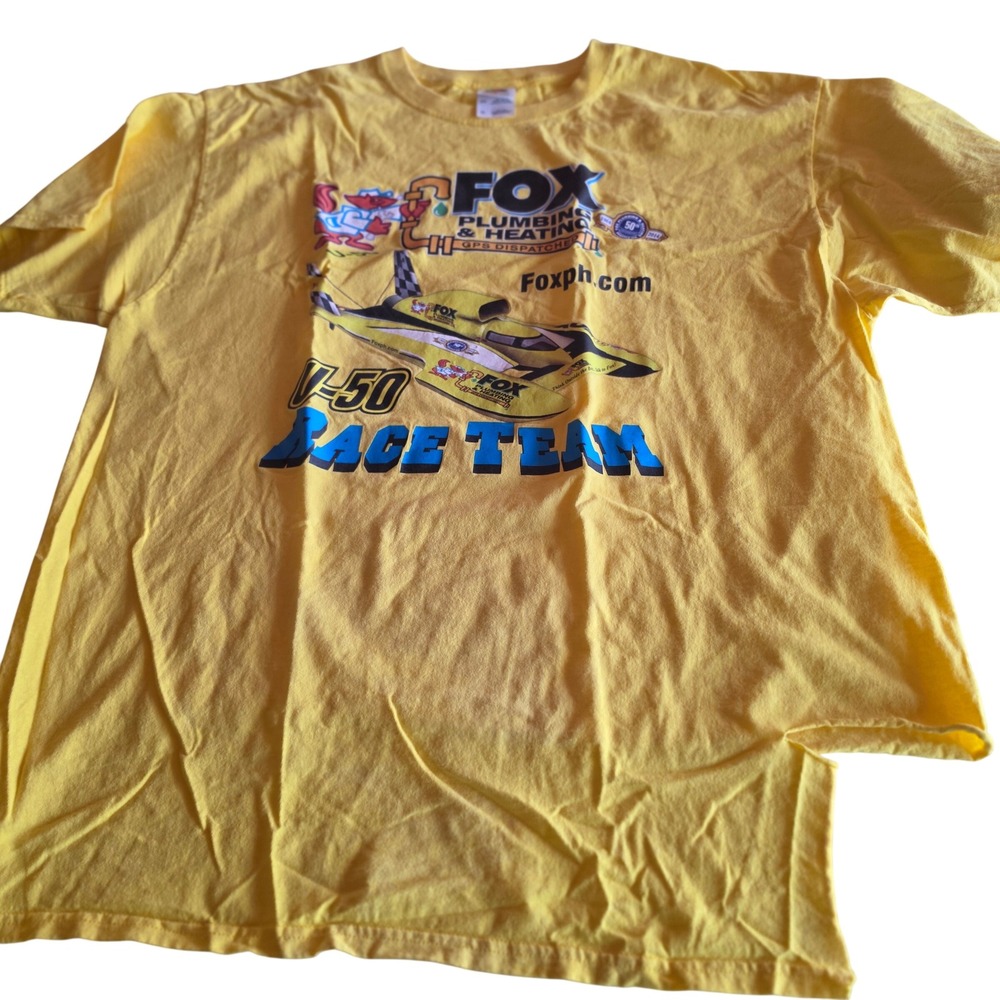 Fruit of the Loom Fox Plumbing U-50 Race Team Yellow Graphic Tee XL Cut Hem